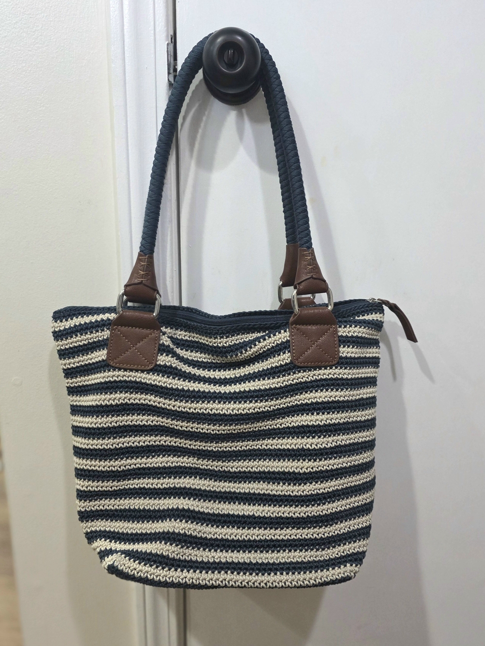 The Sak Striped Navy and Cream Crochet Tote Shoulder Bag